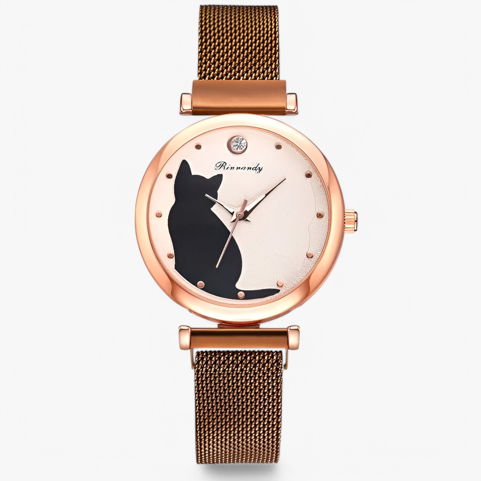Orologio da donna con quadrante a forma di gatto e cinturino in maglia – Set da 5 pezzi - Marrone - cinturino donna female watch forma gatto maglia orologio orologio donna pezzi watch for women - Concept Palermo