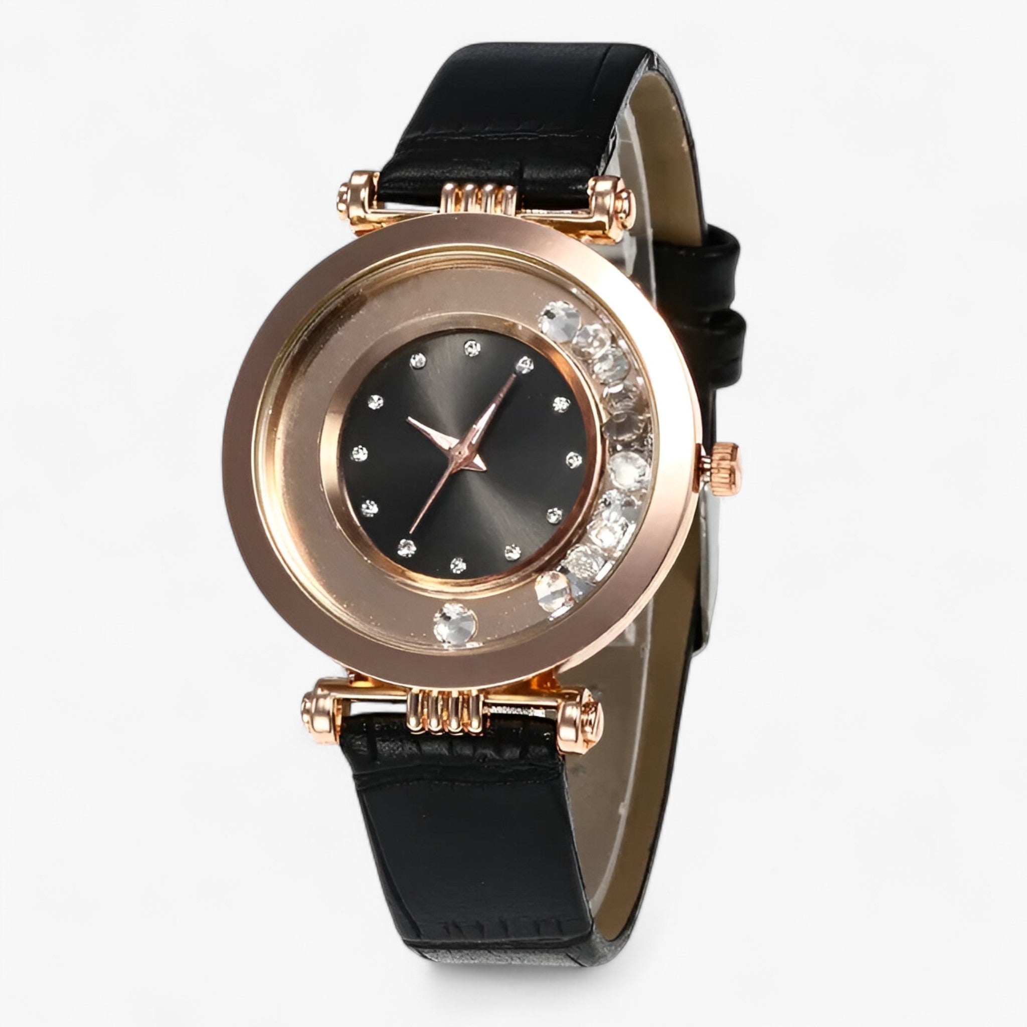 Orologio da donna con cinturino in pelle e fibbia con strass - Nera - accessoires cinturino donna fibbia horloges orologio orologio donna pelle strass watches - Concept Palermo
