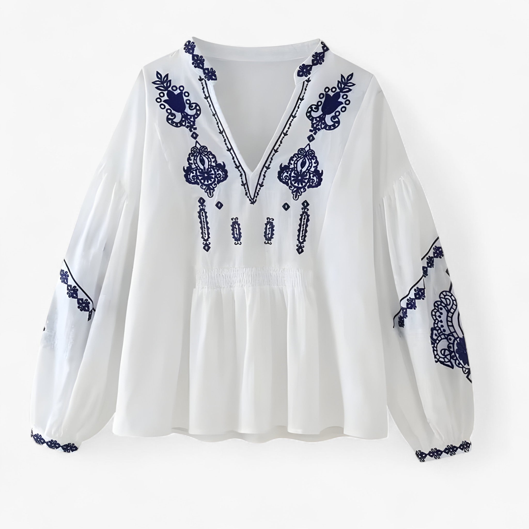 Blusa Boho con ricamo blu navy, vestibilità ariosa Donna - Bianca XS(UK-6) - ariosa blusa blusa boho boho clothes clothes for women clothing/tops/crop-tops donna navy ricamo vestibilità women clothes - Concept Palermo