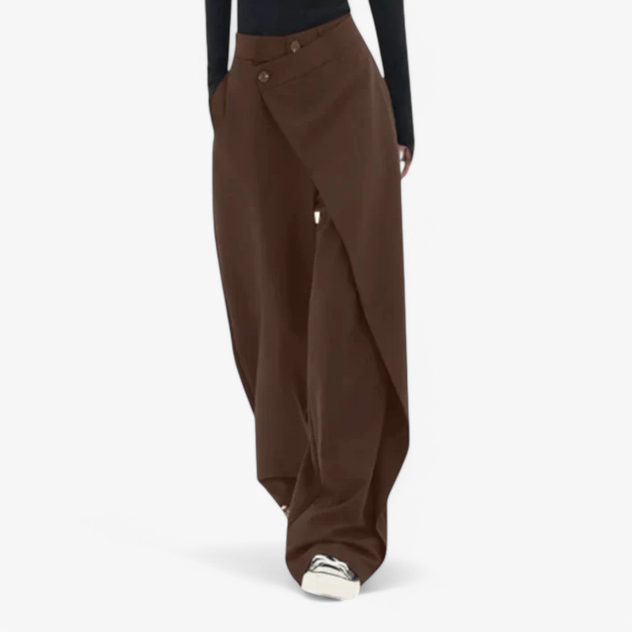 Pantaloni Asimmetrici Neri da Donna in Cotone Eleganti Svasati a Vita Alta - Marrone - asimmetrici pantaloni pantaloni asimmetrici pants - Concept Palermo