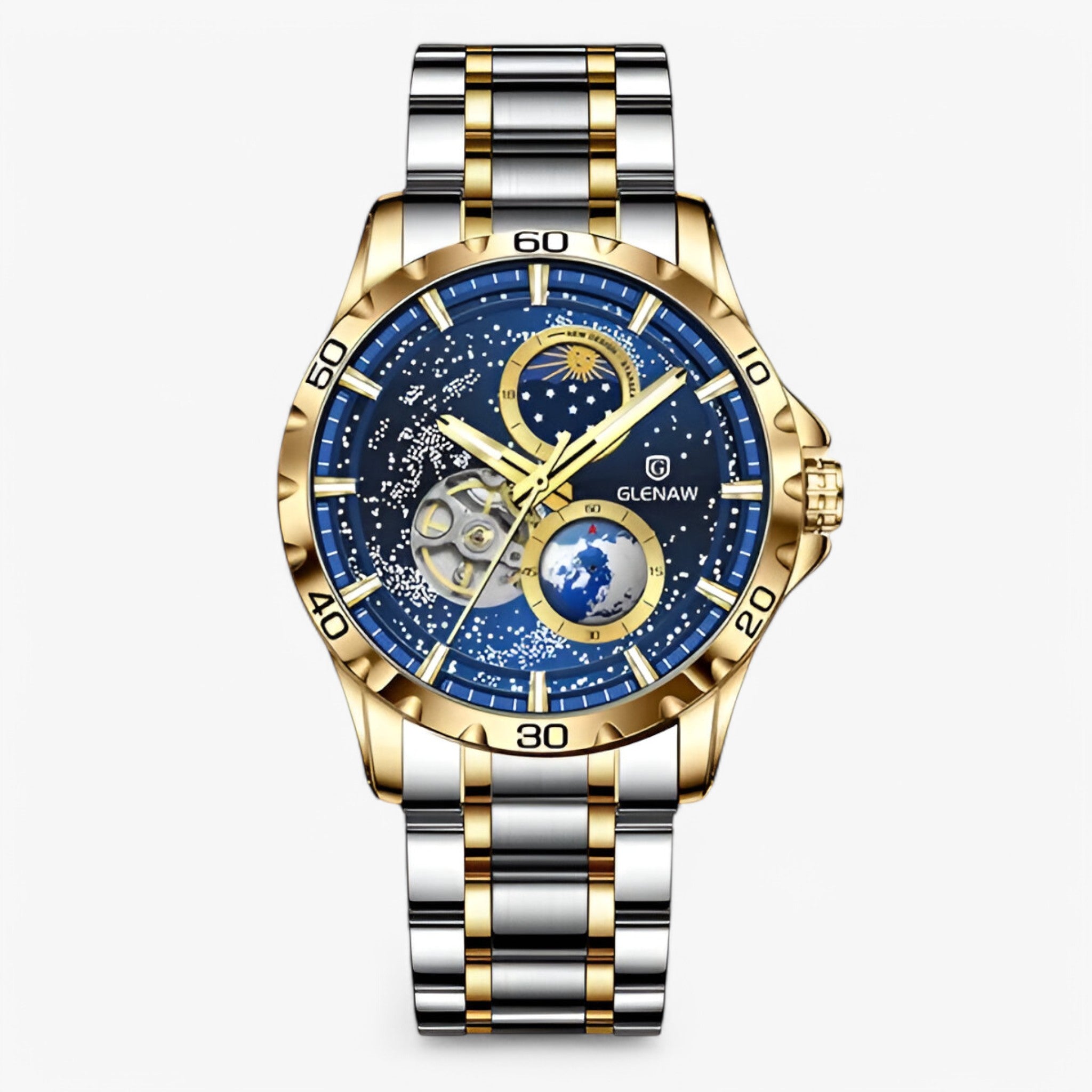 Orologio Meccanico Fasi Lunari in Acciaio Inossidabile - Blu dorato - accessoires acciaio fasi horloges inossidabile lunari meccanico orologio orologio meccanico watches - Concept Palermo
