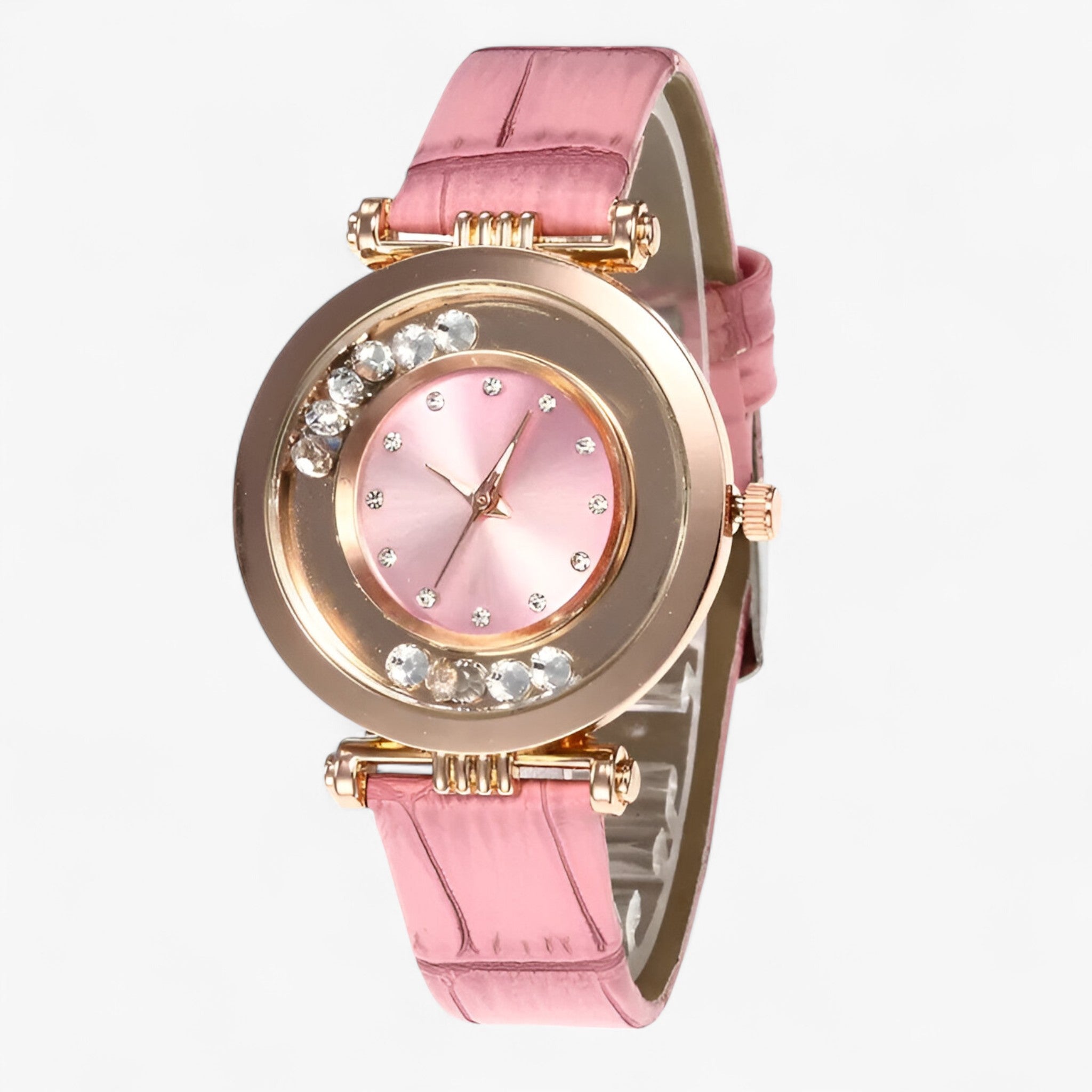 Orologio da donna con cinturino in pelle e fibbia con strass - Rosa - accessoires cinturino donna fibbia horloges orologio orologio donna pelle strass watches - Concept Palermo