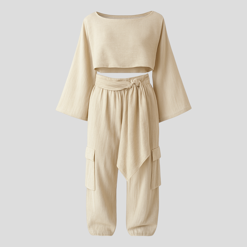 Set Estivo in Lino per Donna Pelle - - abbigliamento estivo comfort estivo completo lino donna estivo estivo lino lino look naturale moda sostenibile outfit sets pantaloni alti pelle set estivo set in lino stile elegante top cropped - Concept Palermo