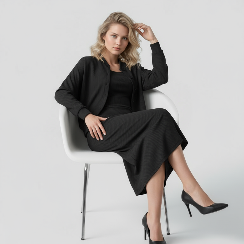 Abito Midi con Cardigan Abbinato Donna - - abbigliamento casual abbinato abito abito midi abito versatile cardigan cardigan elegante donna midi moda femminile outfit formale outfit sets stile comodo tessuto di alta qualità - Concept Palermo
