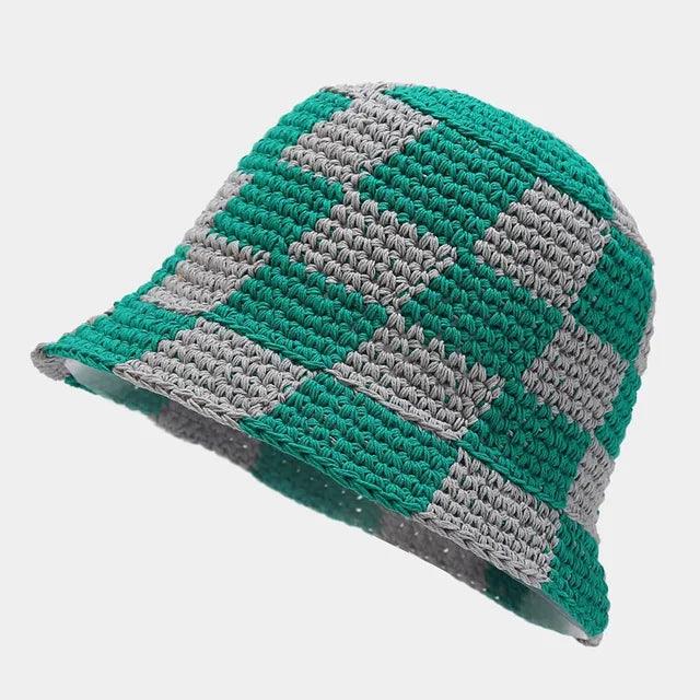 Cappello Pescatore Donna in Cotone Bianco/Nero a Scacchi, Fatto a Mano all'Uncinetto - Verde e bianco Una misura - cappello donna fatto mano motivo pescatore scacchi uncinetto women's hat - Concept Palermo