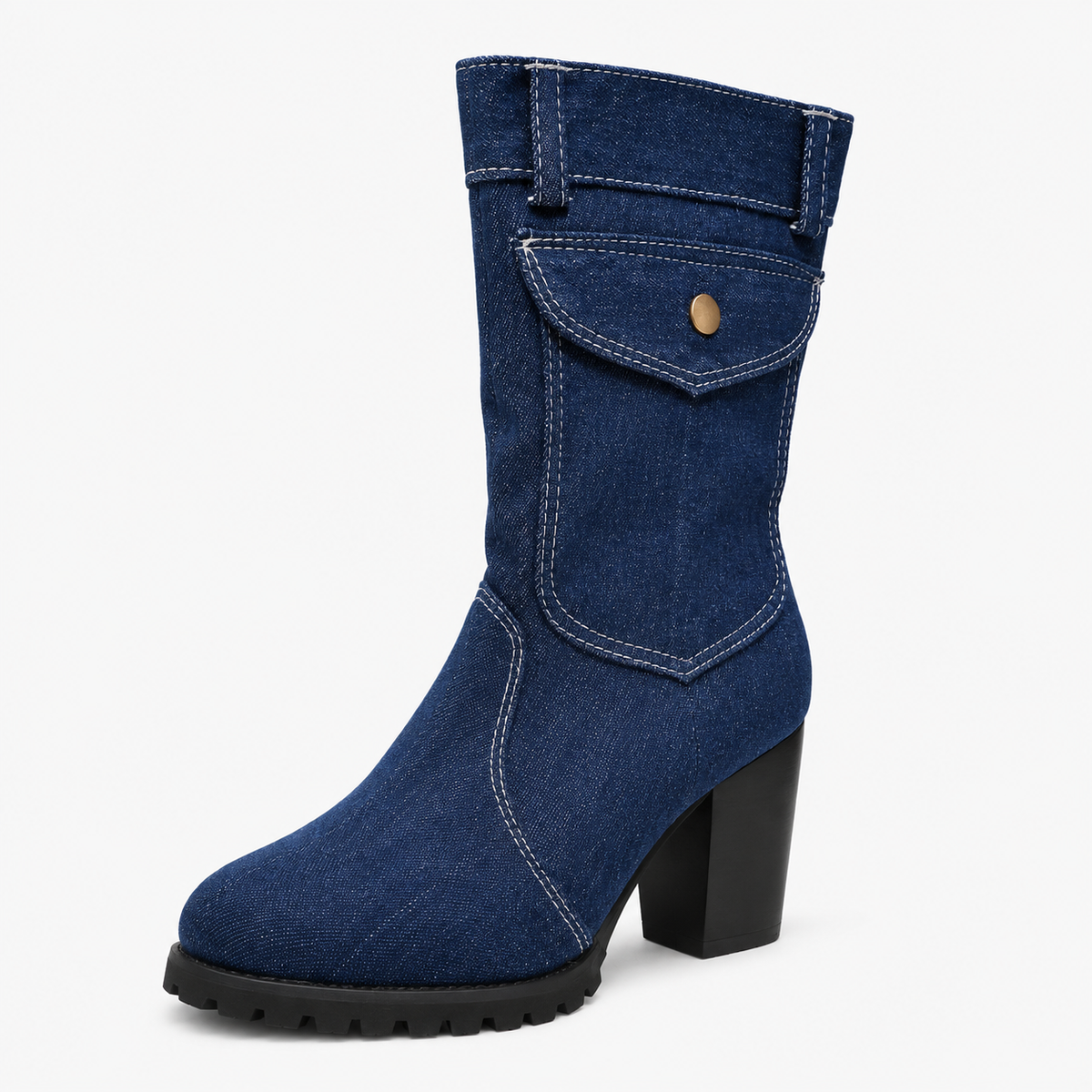 Stivali Donna in Denim con Tacco Alto e Tasca Laterale - Blu Marina - BOOTS Boots & Shoes cowboy denim donna Linen shoes Solid stivali stivali cowboy tacco Women - Concept Palermo