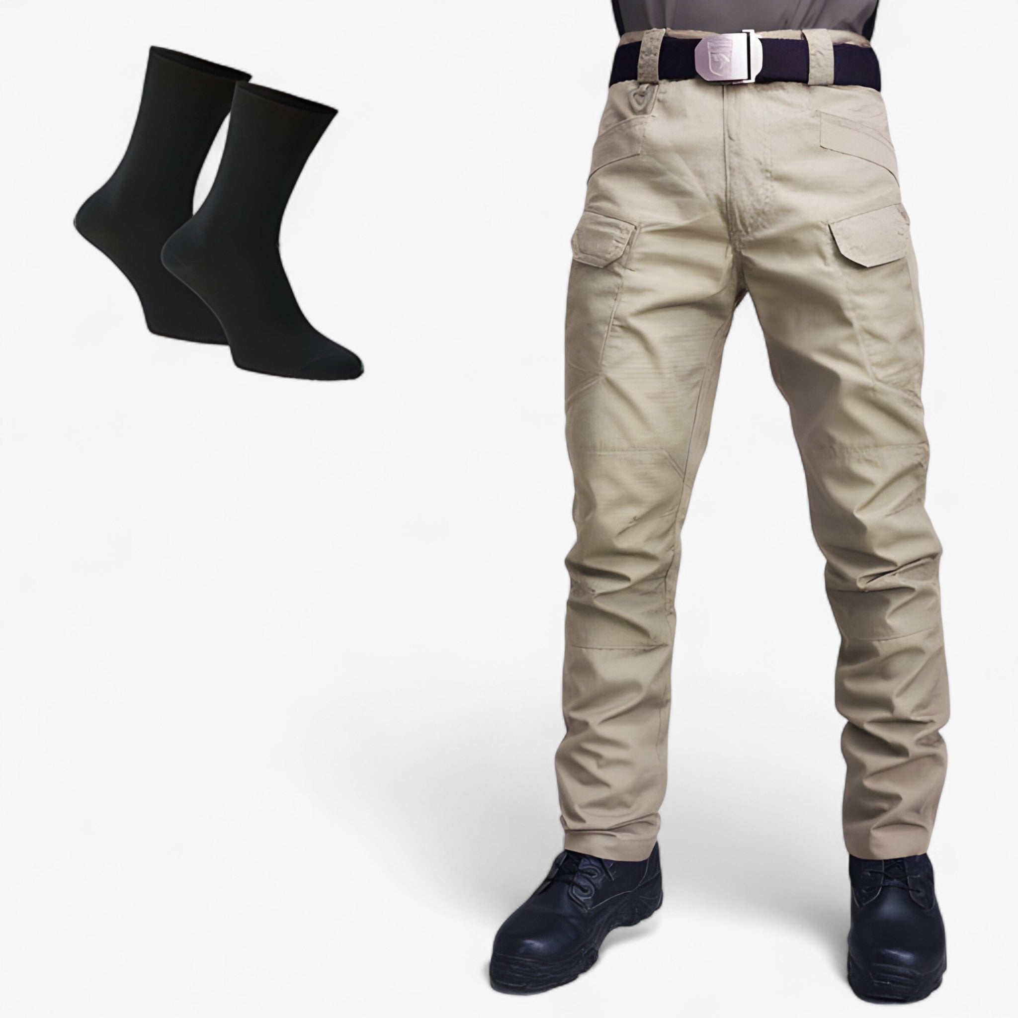 Pantaloni Tattici in Poliestere Traspiranti da Uomo - Beige + 2 Paia di Calzini in Bambù - arbejdsbukser elastisk pasform fritidsbukser funktionelle bukser holdbare bukser komfortable bukser pantaloni pantaloni tattici pants poliestere rummelige lommer sportbukser til mænd taktiske bukser tattici traspiranti udendørs bukser uomo - Concept Palermo