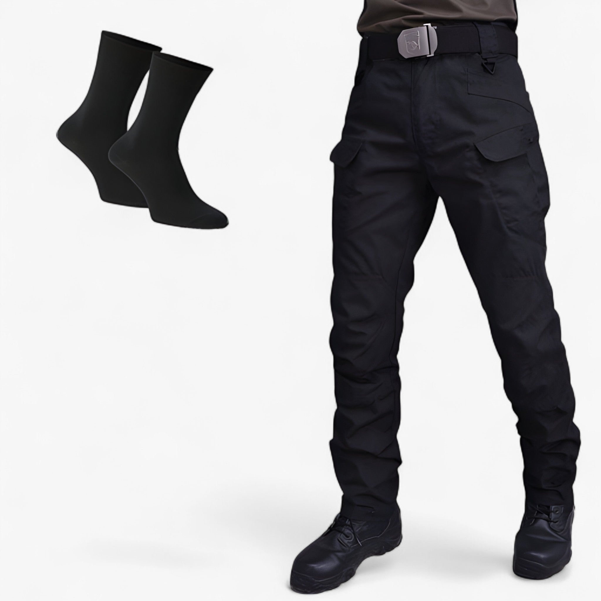 Pantaloni Tattici in Poliestere Traspiranti da Uomo - SCURO + 2 Paia di Calzini in Bambù - arbejdsbukser elastisk pasform fritidsbukser funktionelle bukser holdbare bukser komfortable bukser pantaloni pantaloni tattici pants poliestere rummelige lommer sportbukser til mænd taktiske bukser tattici traspiranti udendørs bukser uomo - Concept Palermo