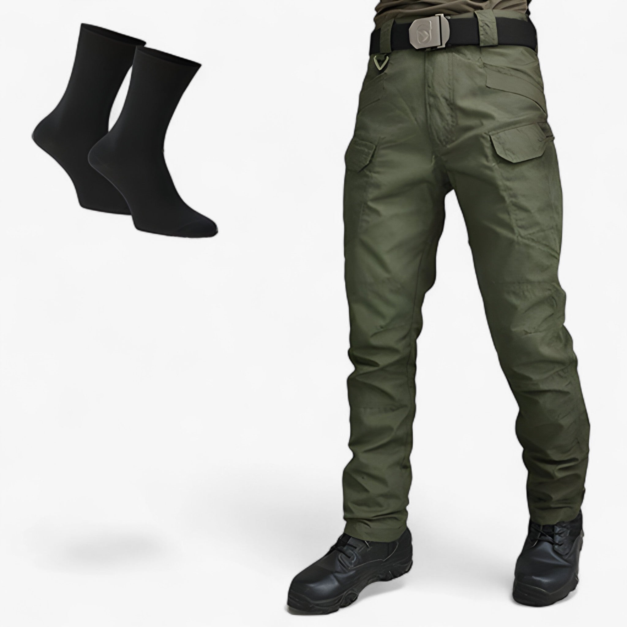 Pantaloni Tattici in Poliestere Traspiranti da Uomo - Verde + 2 Paia di Calzini in Bambù - arbejdsbukser elastisk pasform fritidsbukser funktionelle bukser holdbare bukser komfortable bukser pantaloni pantaloni tattici pants poliestere rummelige lommer sportbukser til mænd taktiske bukser tattici traspiranti udendørs bukser uomo - Concept Palermo