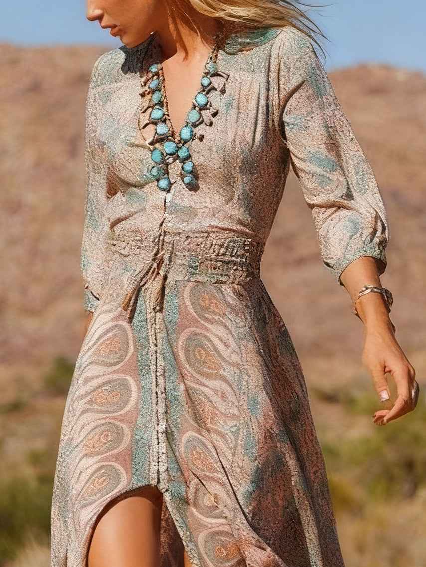 Abito lungo maxi bohémien con stampa stile Western e spacco