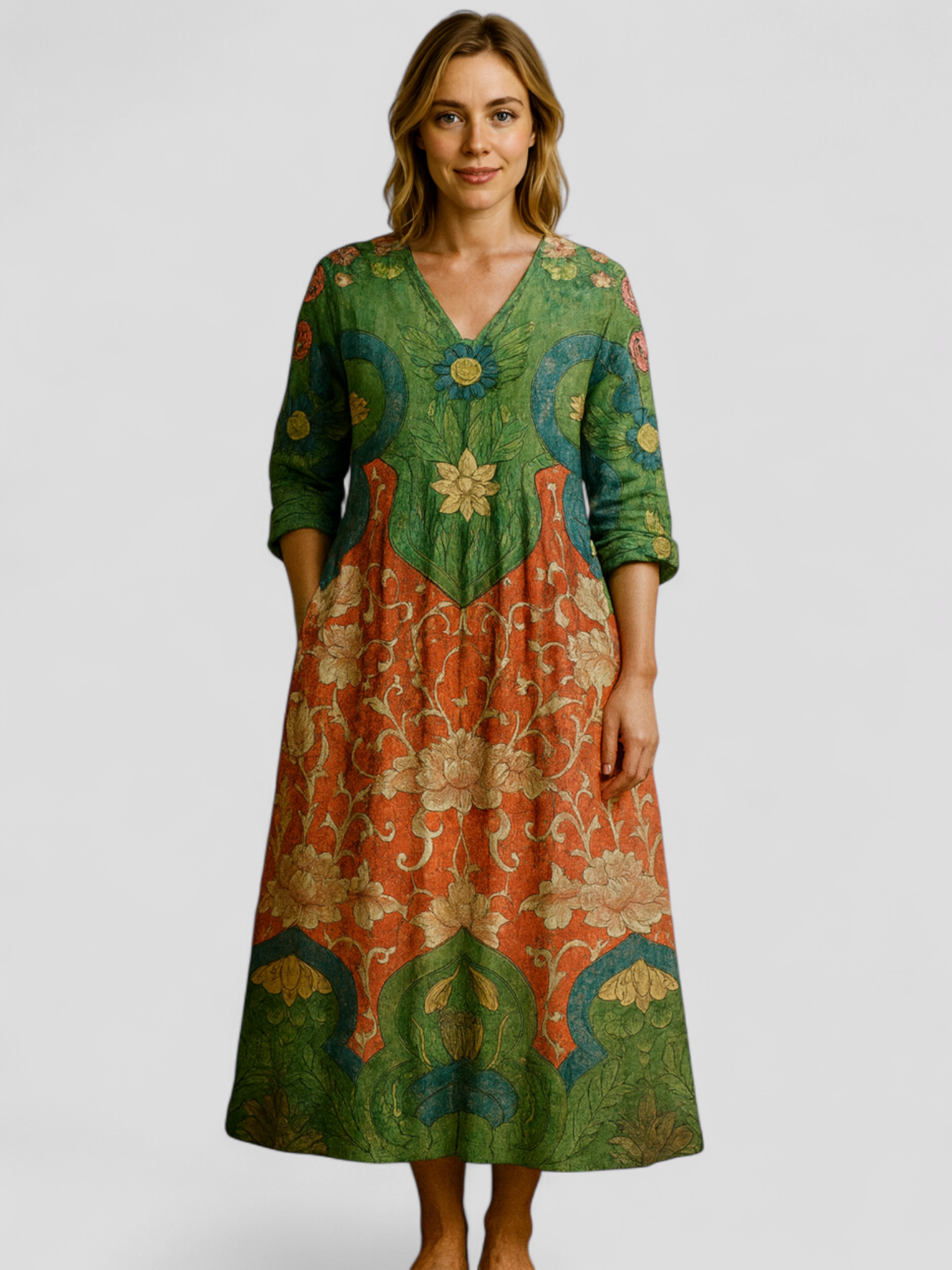 Vestito Lungo Floreale da Donna - - abbigliamento femminile cotone traspirante donna dresses floreale moda elegante scollatura a V silhouette maxi stile vintage vestito vestito floreale vestito lungo - Concept Palermo