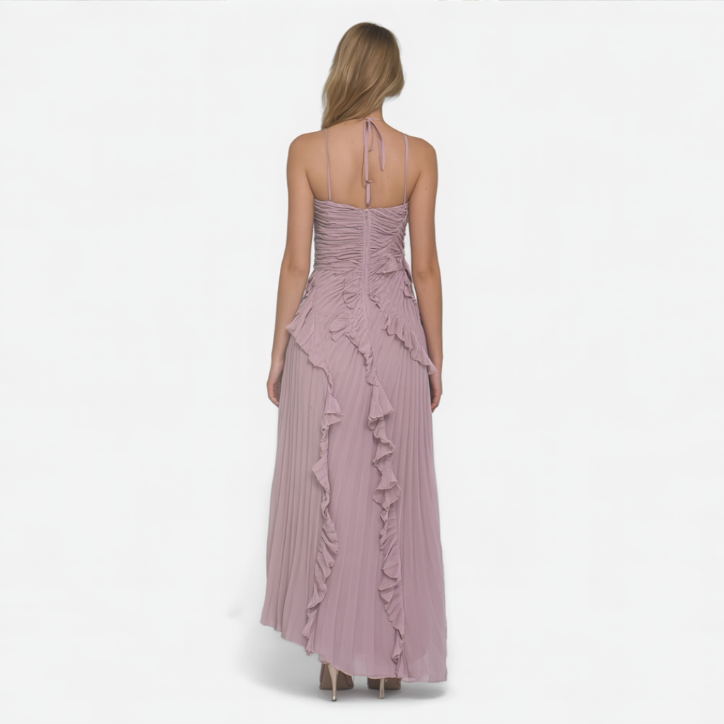 Abito da Donna Elegante Lilla in Raso, Vestito Lungo da Sera o Cerimonia - - abito abito donna abito elegante abito in lilla design versatile donna dresses eleganza senza tempo manutenzione facile materiale leggero orlo asimmetrico plissettature artigianali spalline incrociate vestito da donna - Concept Palermo