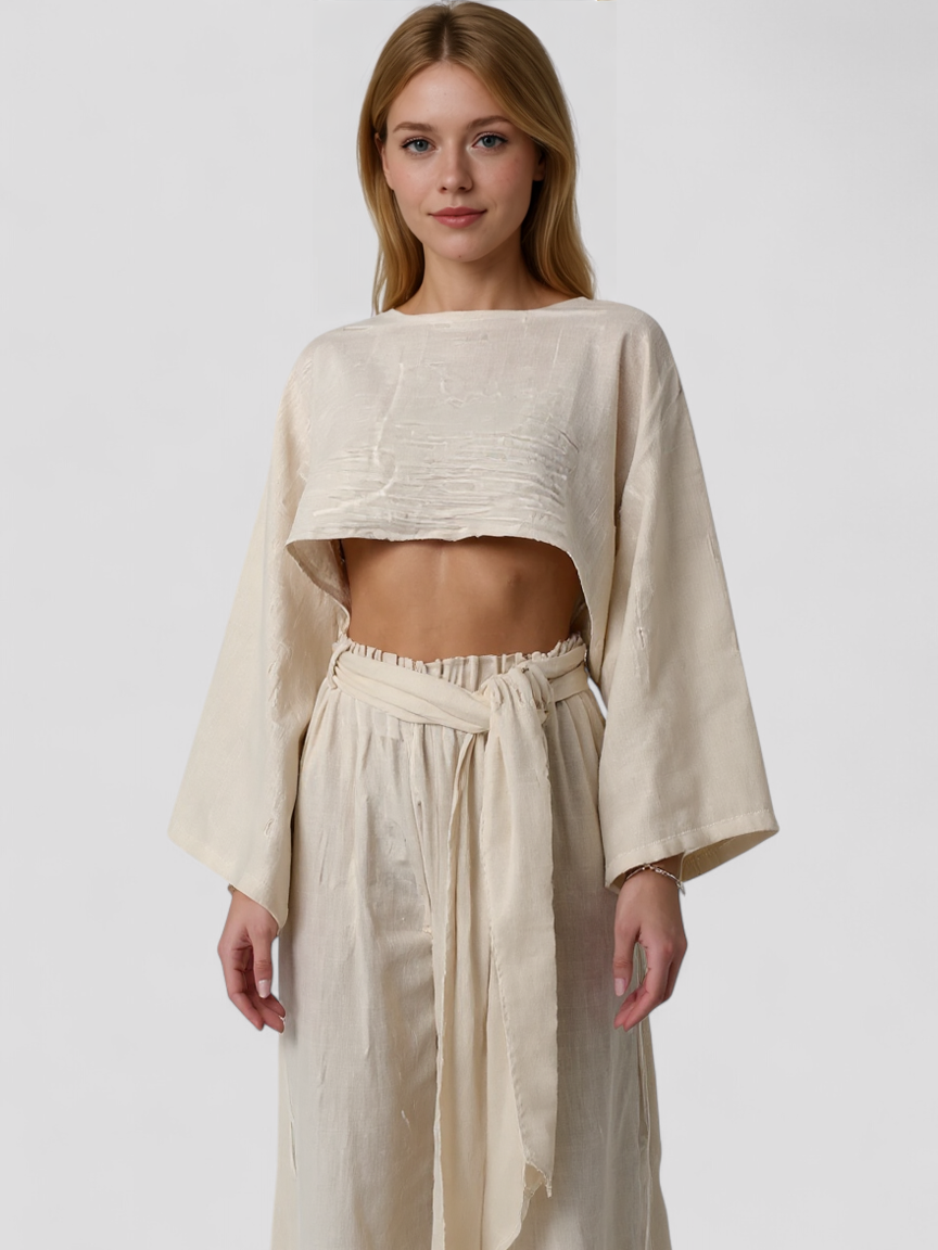 Set Estivo in Lino per Donna Pelle - - abbigliamento estivo comfort estivo completo lino donna estivo estivo lino lino look naturale moda sostenibile outfit sets pantaloni alti pelle set estivo set in lino stile elegante top cropped - Concept Palermo