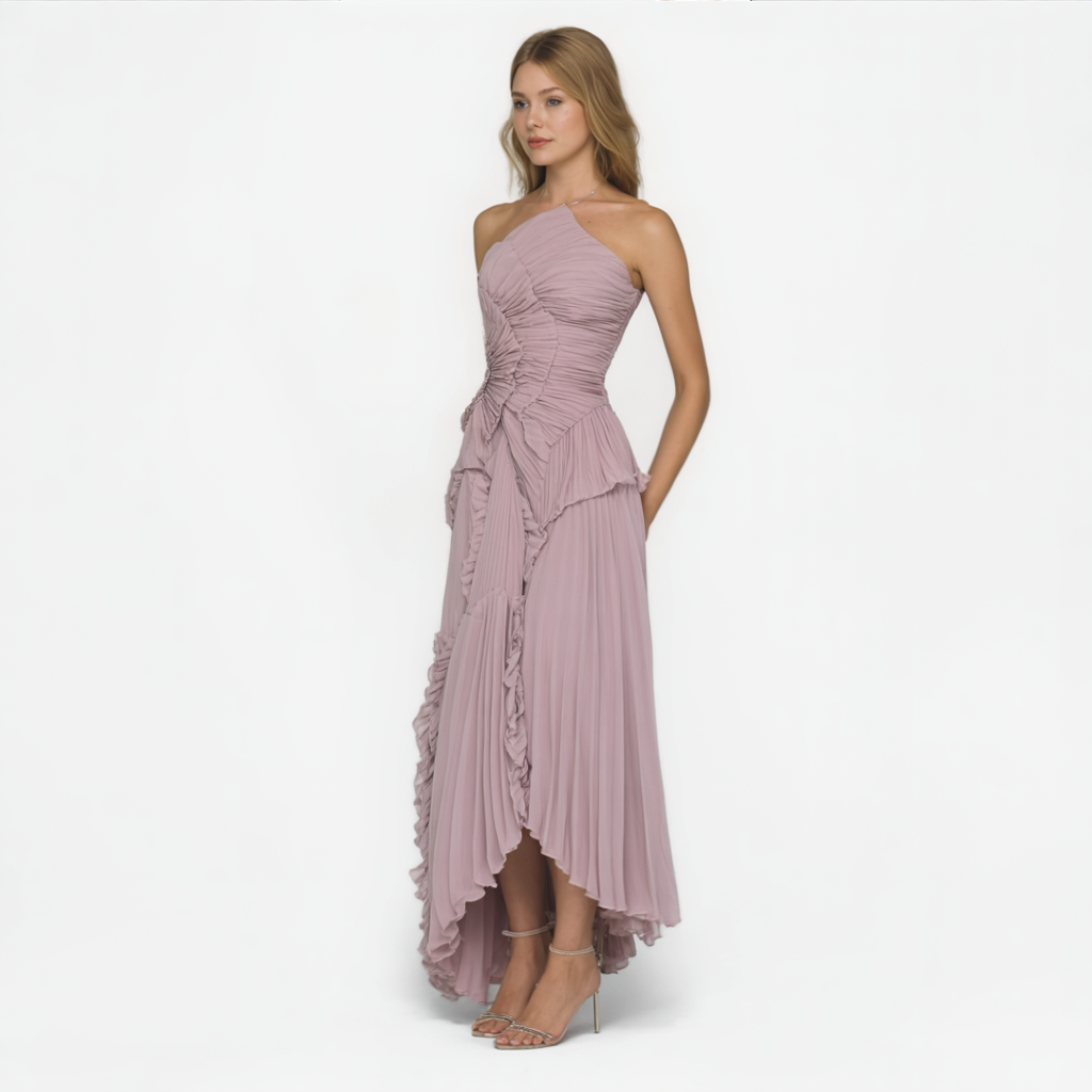 Abito da Donna Elegante Lilla in Raso, Vestito Lungo da Sera o Cerimonia - - abito abito donna abito elegante abito in lilla design versatile donna dresses eleganza senza tempo manutenzione facile materiale leggero orlo asimmetrico plissettature artigianali spalline incrociate vestito da donna - Concept Palermo