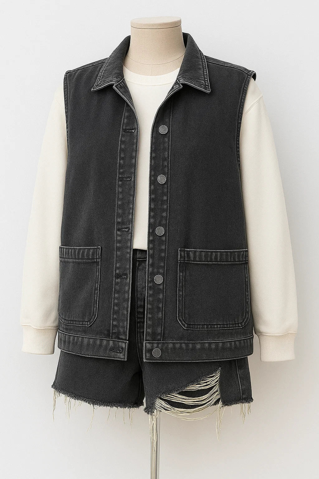 Gilet in denim vintage casual con bottoni - Grigio scuro Solo gilet - bottoni casual denim denim vest gilet gilet denim vests vintage women's top clothes - Concept Palermo