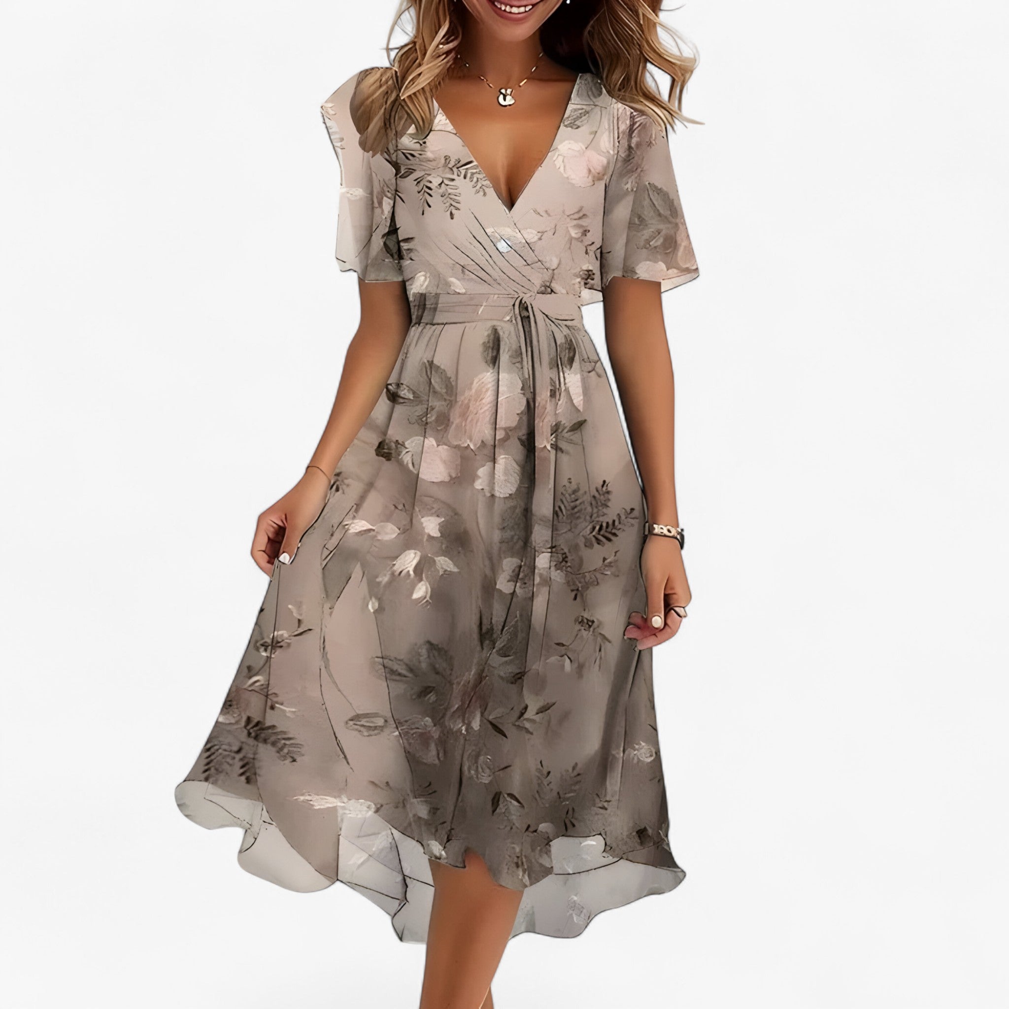 Abito Midi Floreale Neutro in Ecopelle da Donna - Elegante, Versatile - Marrone chiaro - abito abito midi donna DRESS Dresses female dress floral dresses floreale midi neutra pelle - Concept Palermo