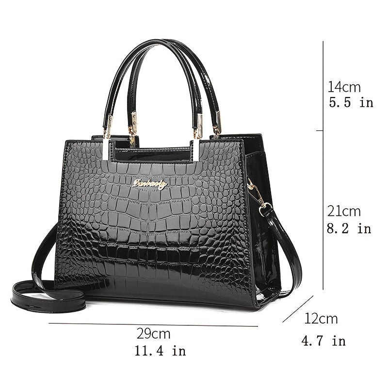 Borsa a Tracolla Donna Nera Lucida Effetto Coccodrillo, Elegante con Cinghia Regolabile - - bags borsa borsa donna coccodrillo donna effetto handbags lucida Women's handbags - Concept Palermo