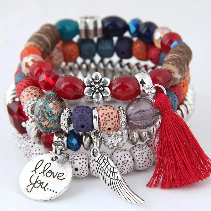 Bracciale Donna Boho Multistrato con Perline e Charms Regolabile - Rosso - avvolgenti bohemien bracciali bracciali avvolgenti BRACELET FOR WOMEN BRACELETS bracelets for women charme donna jewelry perline - Concept Palermo