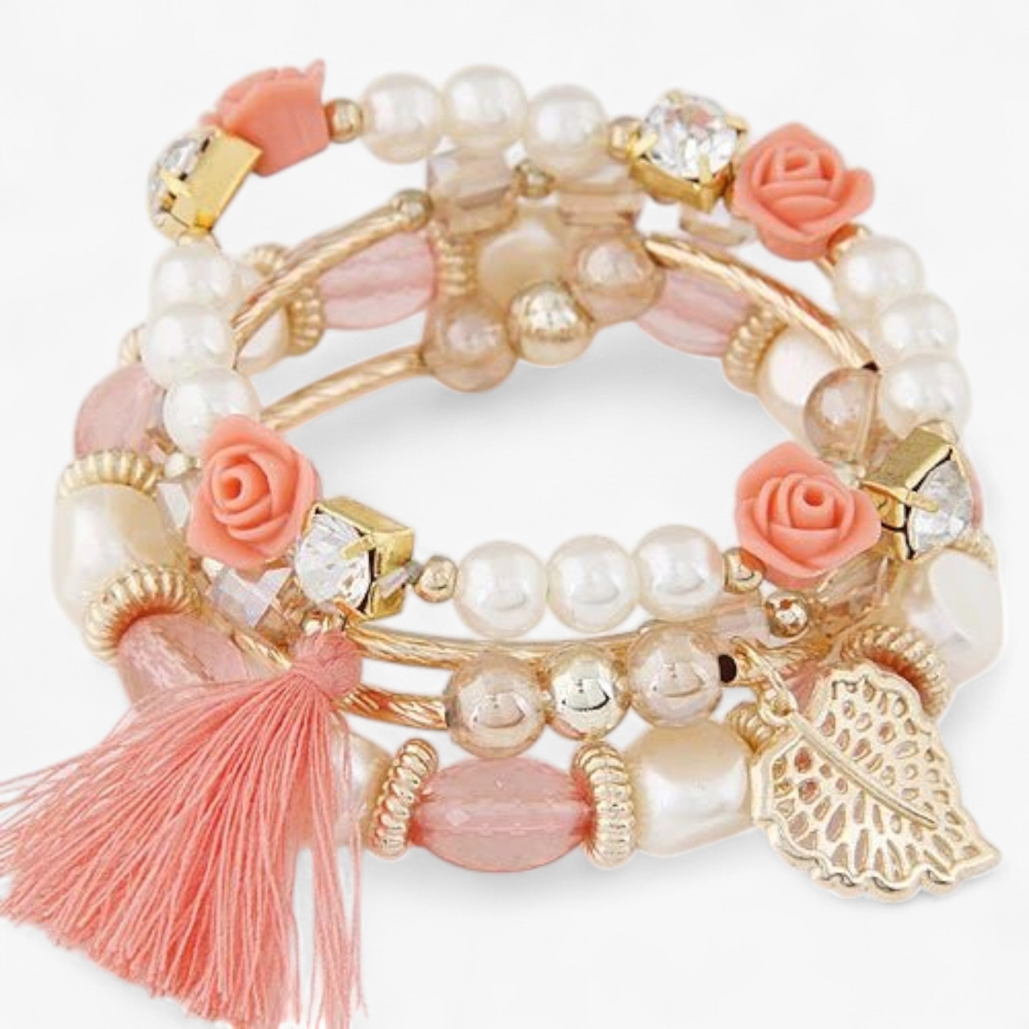 Bracciale Donna Boho Multistrato con Perline e Charms Regolabile - Rosa-Bianco - avvolgenti bohemien bracciali bracciali avvolgenti BRACELET FOR WOMEN BRACELETS bracelets for women charme donna jewelry perline - Concept Palermo