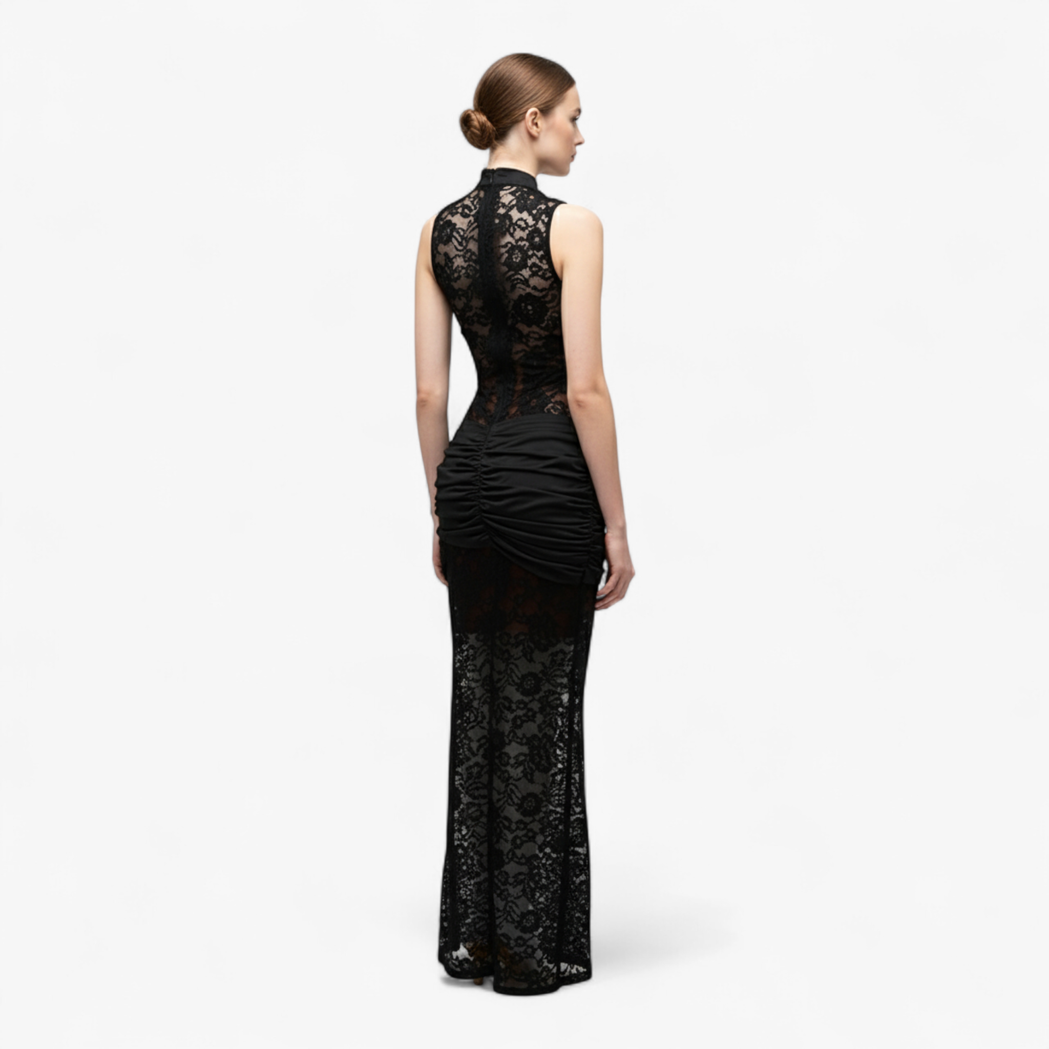 Abito Lungo in Pizzo Donna - - abiti da donna abito abito da sera abito elegante abito maxi in pizzo abito pizzo dettagli dorati donna fashion pizzo fessura gamba alta pizzo scollatura profonda vestito nero - Concept Palermo