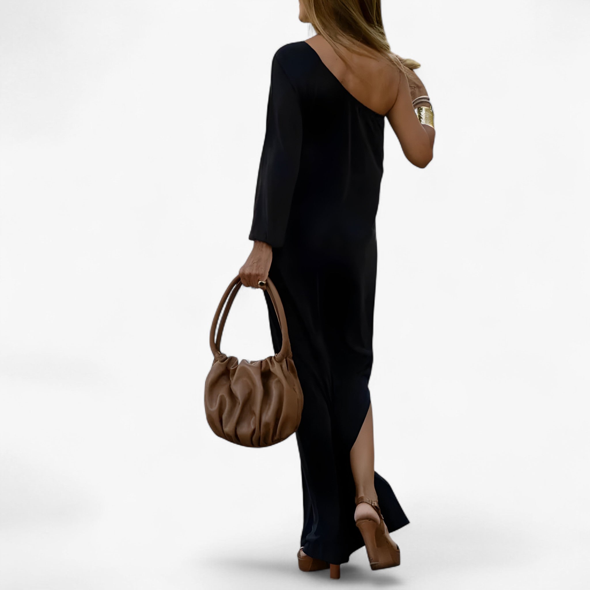 Abito Monospalla Donna Elegante Nero in Raso Taglie Forti - - abito abito spalla donna dresses spalla unica - Concept Palermo