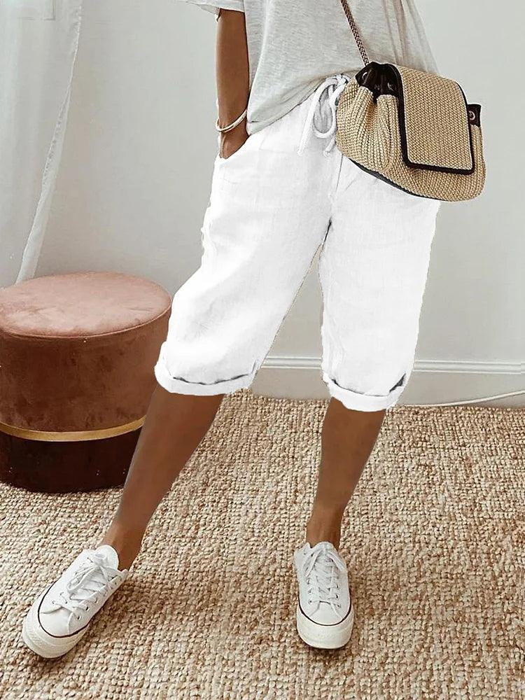Pantalon capri en coton-lin à cordon, coupe décontractée Femme - Blanc - 4/4/2025 capri cordon coton coupe cross-from-seroa-10014970872074 décontractée femme New-google pantalon pantalon capri - Concept Palermo