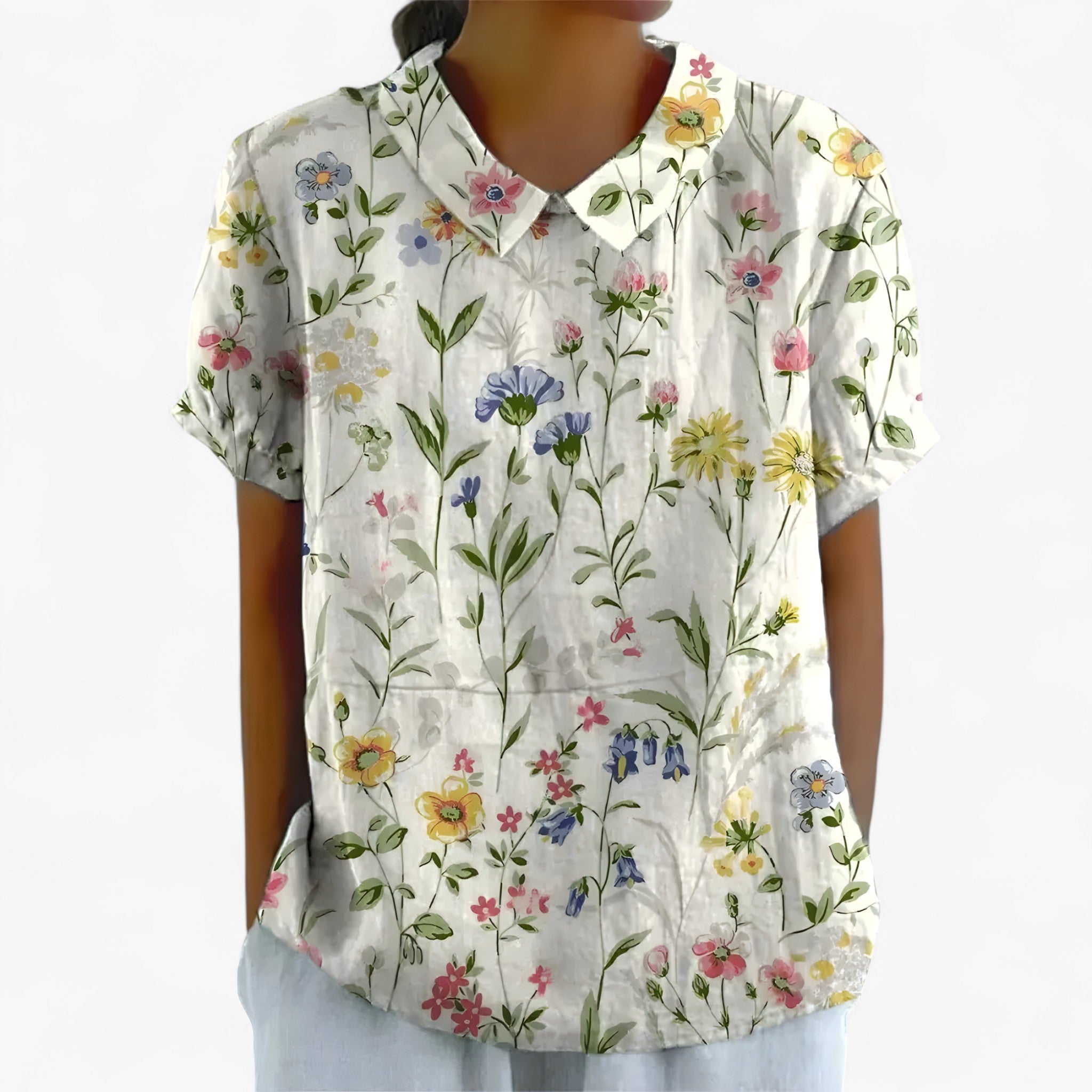 Camicia Stampata Elegante da Donna in Viscosa con Motivo Floreale - Bianco con fiori - camicia camicia stampata stampata women's top clothes - Concept Palermo