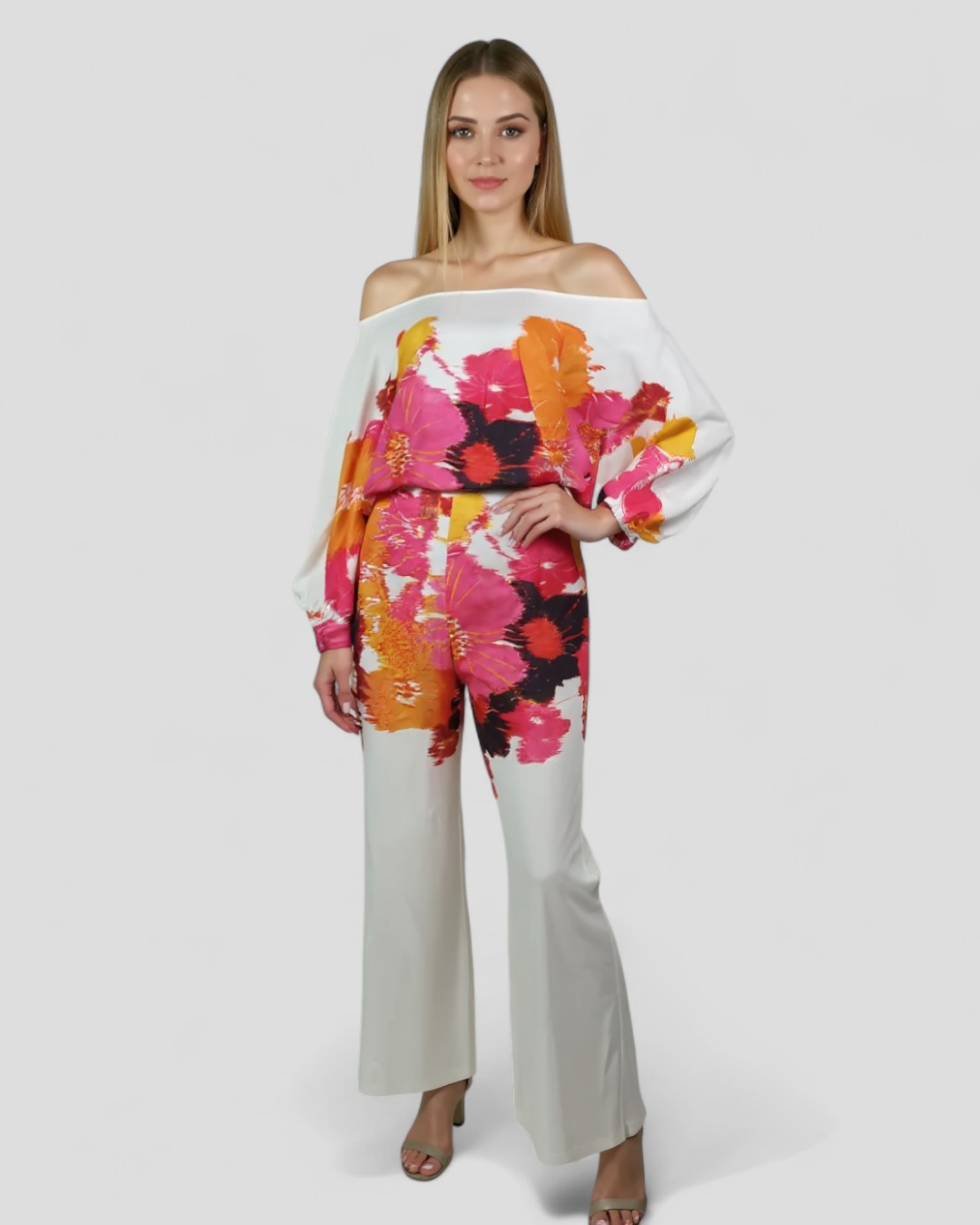 Completo Donna Floreale Spalle Scoperte a Gamba Larga - Stampa Vibrante, Vestibilità Fluida - - Bestseller completo completo gamba fiori fluida gamba larga outfit sets pelle Sets Woman - Concept Palermo