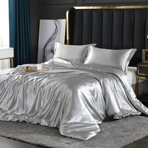 Set Copripiumino Matrimoniale 4 Pezzi in Raso/Seta Lusso per Uomo, 2 Federe e Lenzuolo - Argento - Beddengoed Bedding bedsheets copripiumino federe home & garden Kussensloop Laken lenzuolo new_for_google_may pezzi pezzi seta raso Sale Satijn seta - Concept Palermo