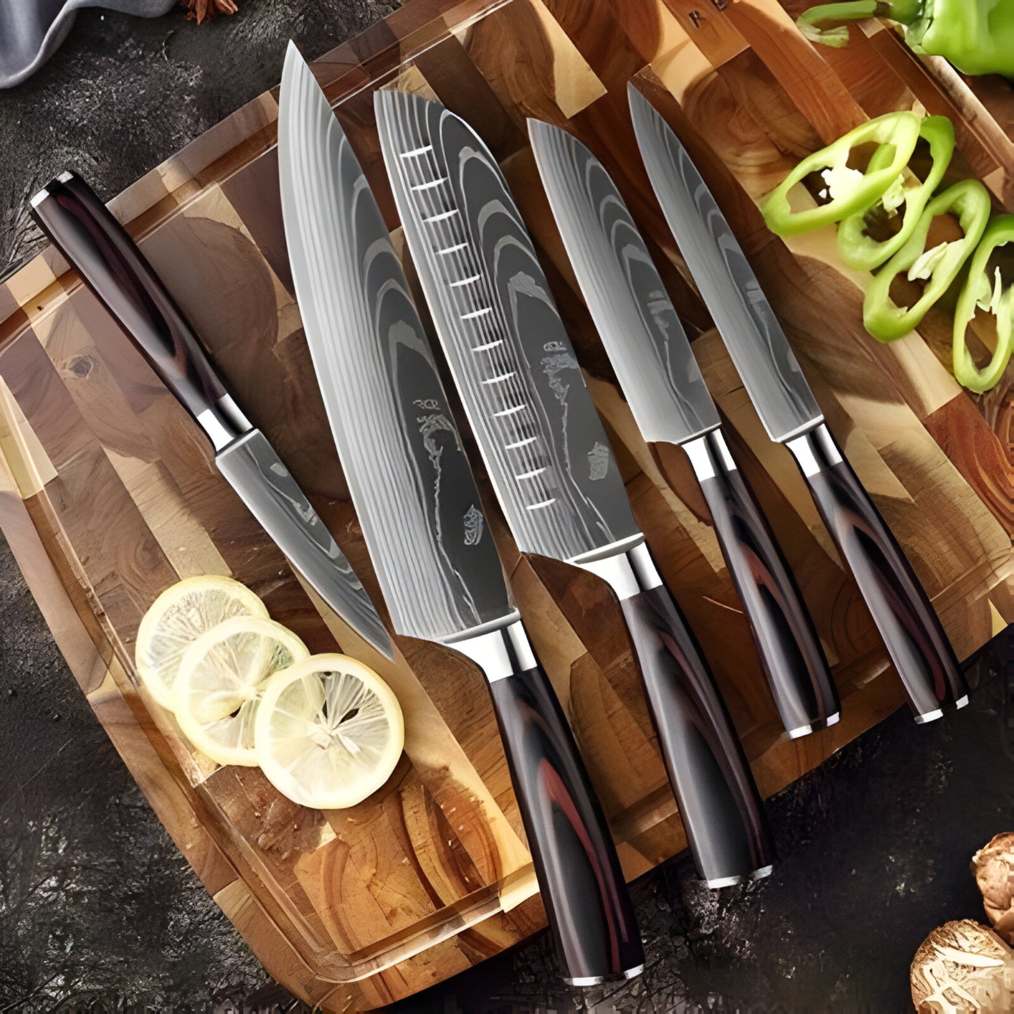 Set 8 Coltelli da Cucina Giapponesi Calla in Acciaio Damasco, Affilatissimi per Chef Professionisti - - calla coltelli cucina damasco damascus pattern giapponesi high-quality knife home & garden Japanese knife kitchen knife set Kitchen Knives knife set knives motivo - Concept Palermo