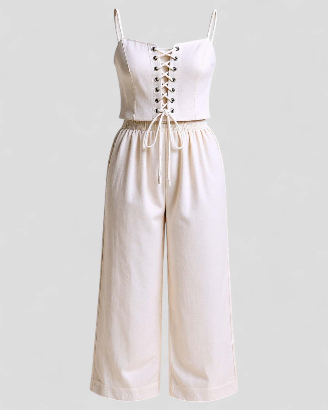 Set in Poliestere per Donna - Bianco - abbigliamento traspirante abito confort completo elegante design raffinato donna moda femminile modo chic outfit estivo outfit sets pantaloni ampi poliestere poliestere donna set lino donna stile casual - Concept Palermo