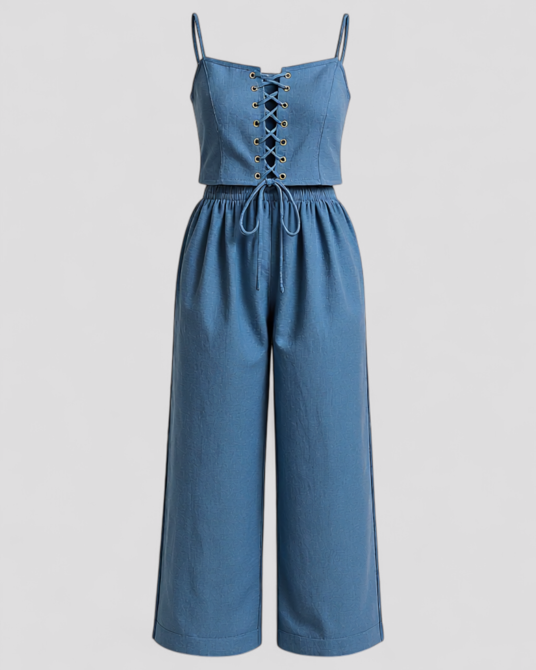 Set in Poliestere per Donna - Blu - abbigliamento traspirante abito confort completo elegante design raffinato donna moda femminile modo chic outfit estivo outfit sets pantaloni ampi poliestere poliestere donna set lino donna stile casual - Concept Palermo