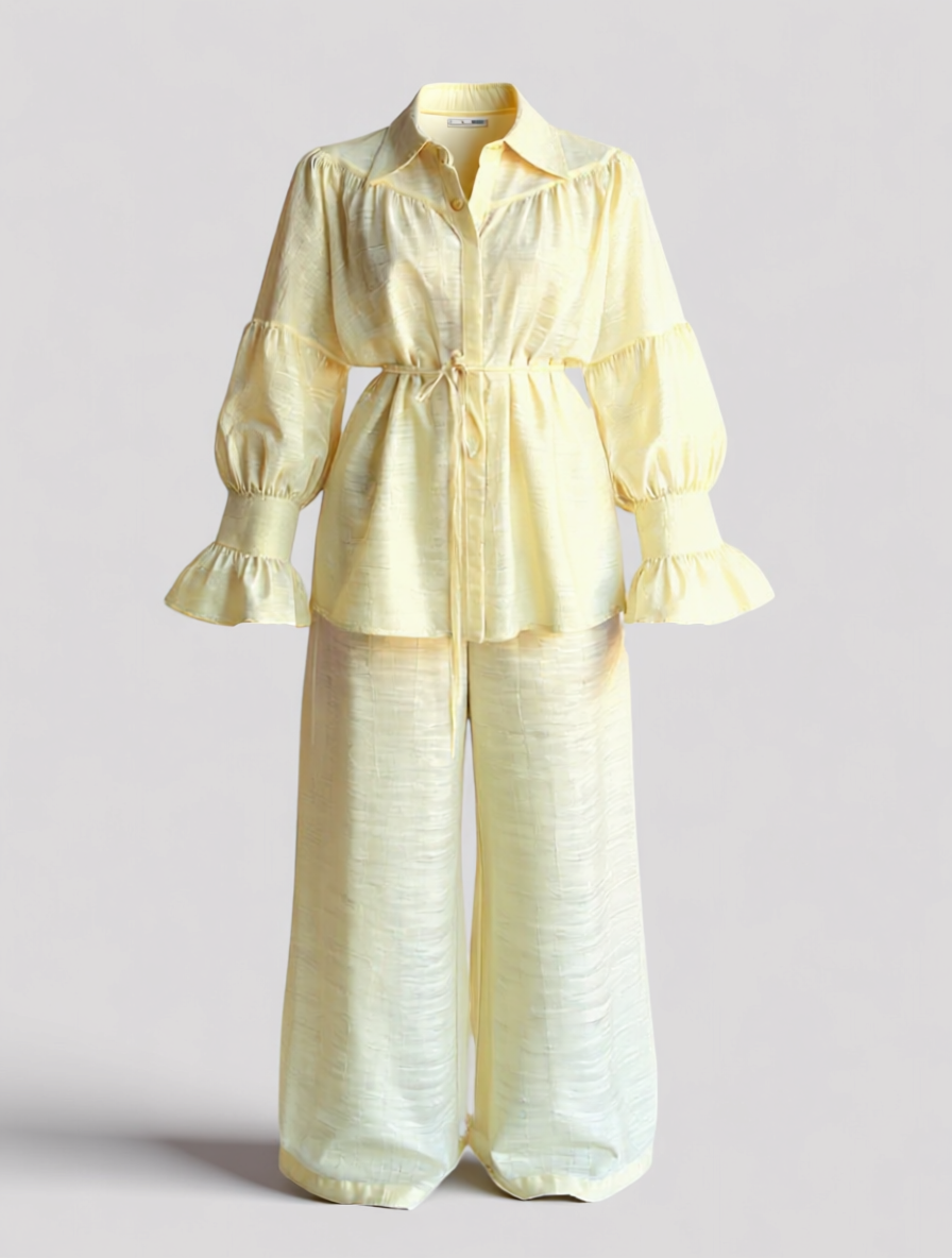 Completo Lino Poliestere Donna Elegante Casual Estivo - Giallo - abbigliamento casual abbigliamento elegante abbigliamento formale design senza tempo donne eleganza senza sforzo lino lino di alta qualità moda donna outfit sets pantaloni larghi poliestere poliestere donne set comodo set di lino - Concept Palermo