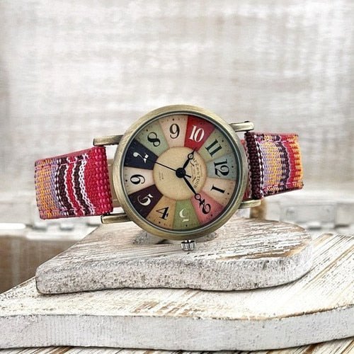 Orologio da Polso Retrò con Cinturino in Tela Multicolore per Uomo/Donna - Rosso - accessoires cinturino colorata horloges orologio orologio retr retr tela watches - Concept Palermo