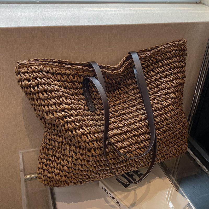 Borsa Paglia Grande Donna Boho con Manici in Pelle - Tote Spiaggia Estiva Fatta a Mano - Marrone scuro - bags bohémien borsa borsa paglia donna estiva fatta mano Old (Google) old_google Onmisbaar-tag - Concept Palermo