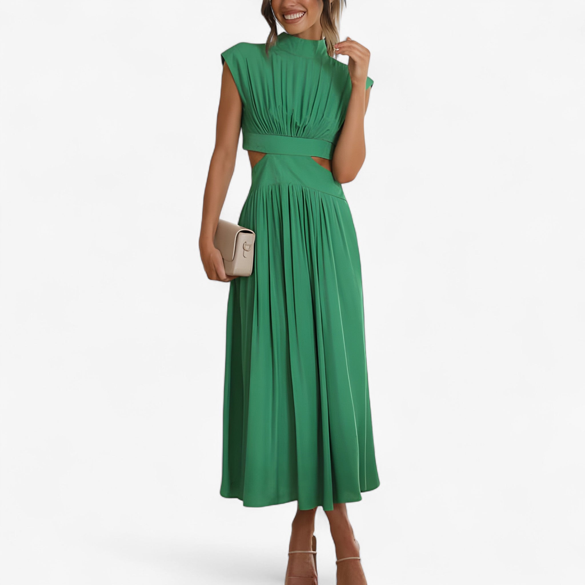 Vestito Donna Elegante a Collo Alto Manica Lunga - Abito Casual Invernale - Verde - donna dresses scollo vestito vestito scollo - Concept Palermo