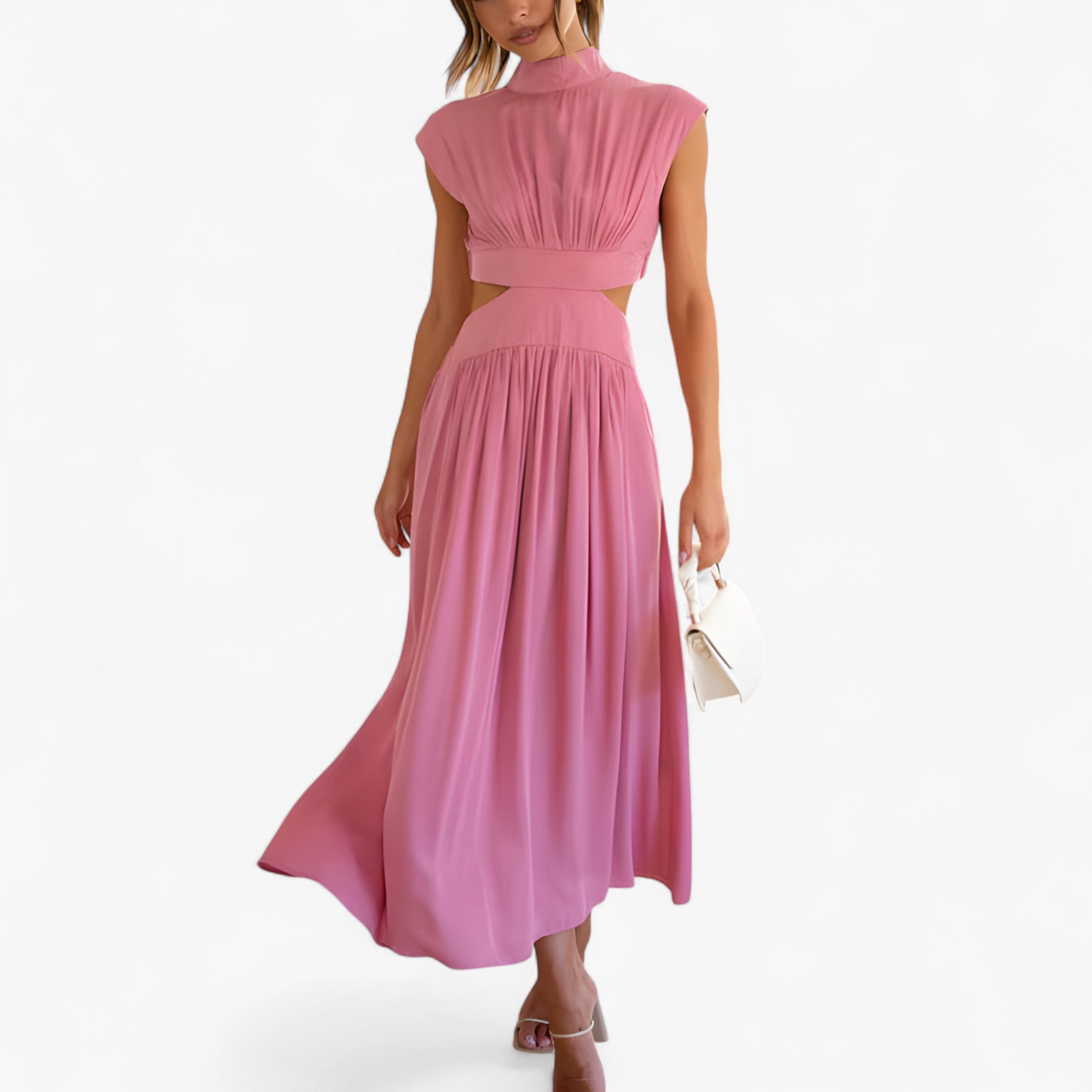 Vestito Donna Elegante a Collo Alto Manica Lunga - Abito Casual Invernale - Rosa - donna dresses scollo vestito vestito scollo - Concept Palermo