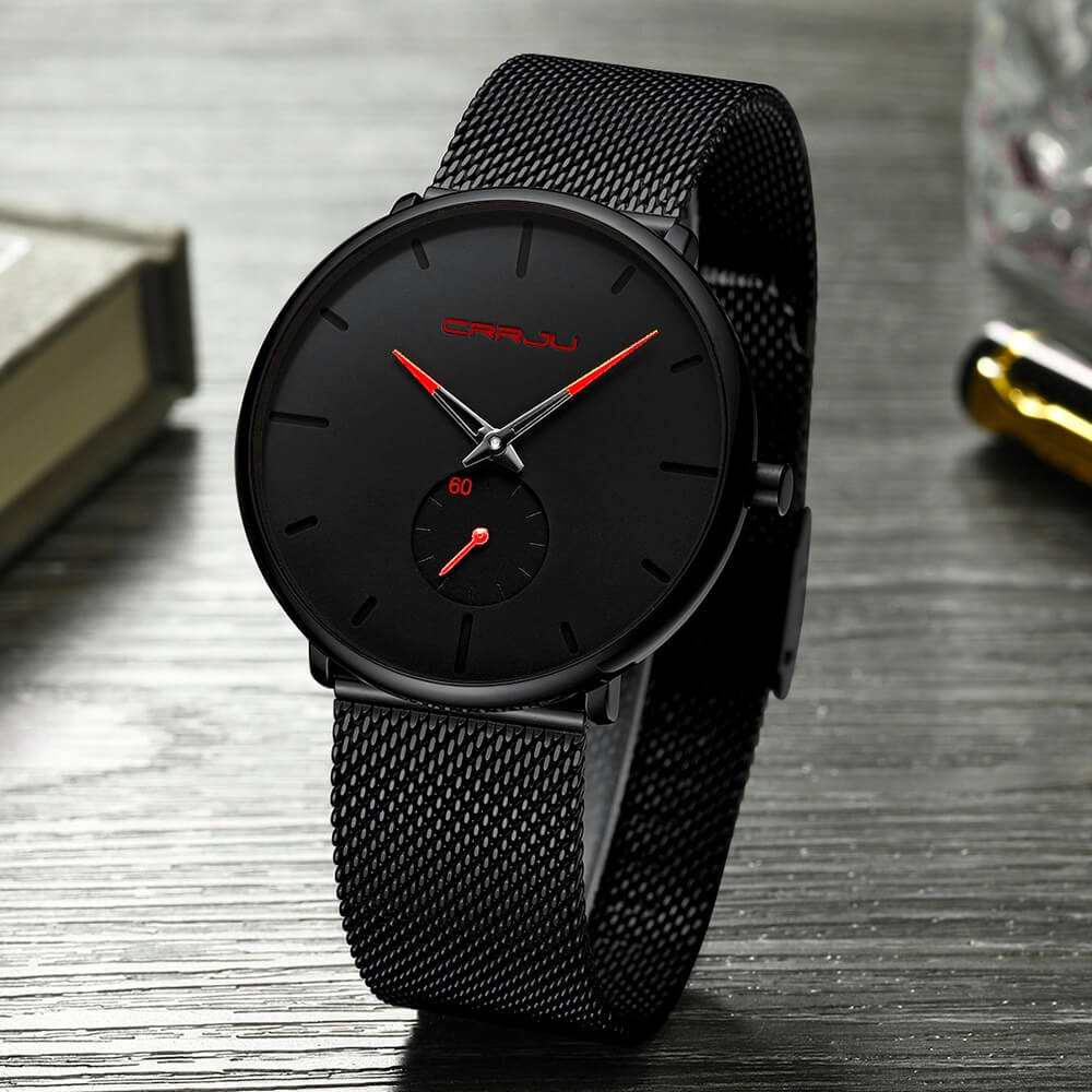 Orologio Uomo Quarzo Lusso Elegante Cinturino Pelle Nero Cassa Acciaio - Nero Rosso - all Horloges new_for_google_may orologio orologio quarzo quarzo Stationery uomo watches - Concept Palermo