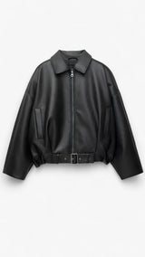 Dames korte zwarte leren jas met riem - Studio stijl