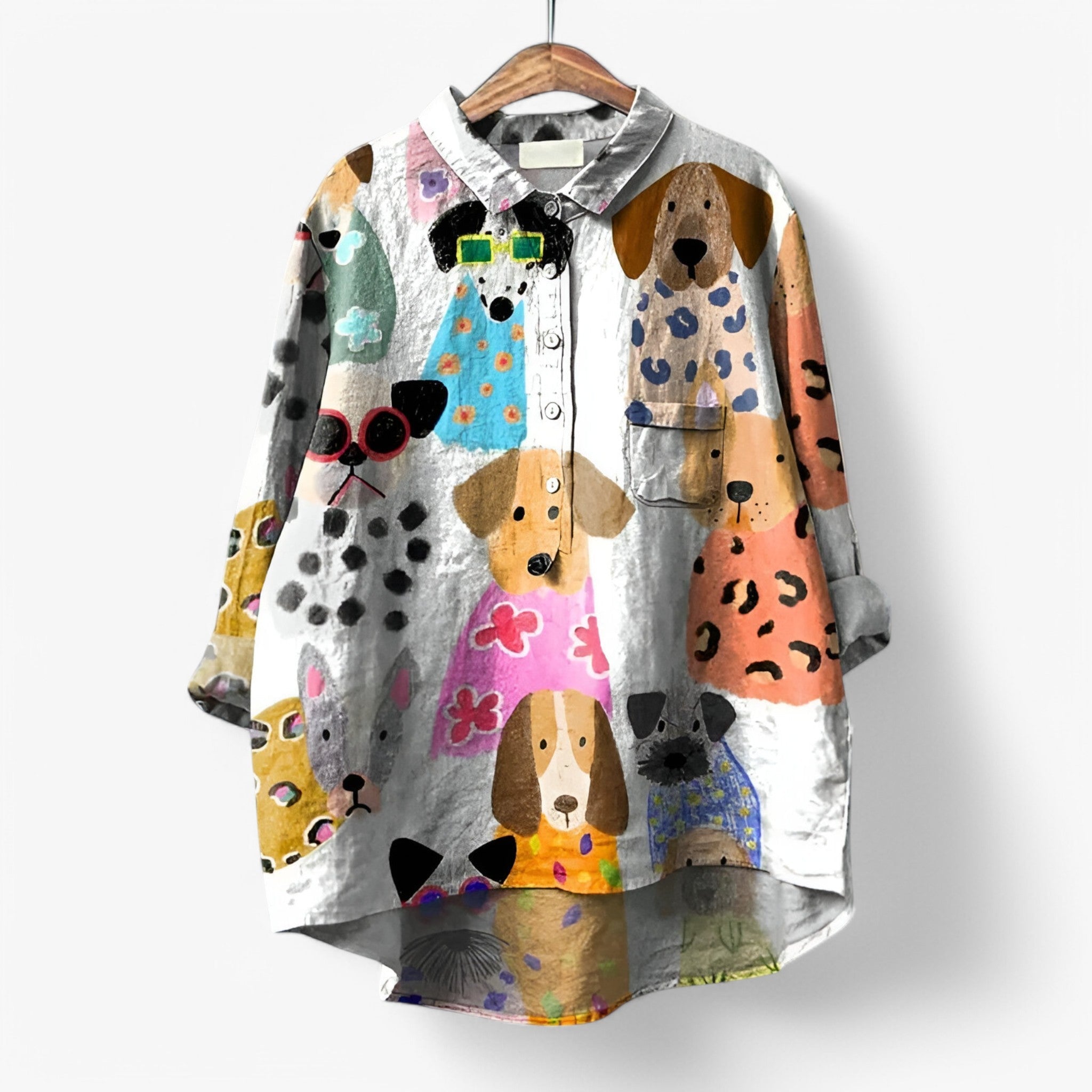 Camicia Donna con Stampa Grafica Accattivante - Elegante e Moderna - Colore Cane - accattivante camicia camicia con stampa grafica camicia donna camicia moderna camicia stampa donna grafica look da ufficio moda donna stampa women's top clothes - Concept Palermo
