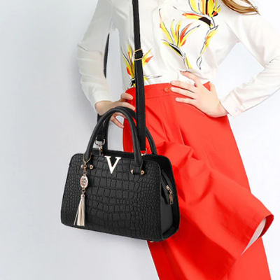 Borsa Donna Nera Elegante in Vera Pelle di Coccodrillo con Tracolla Regolabile e Zip - - Bags borsa borsa pelle coccodrillo handbags pelle Women's handbags - Concept Palermo