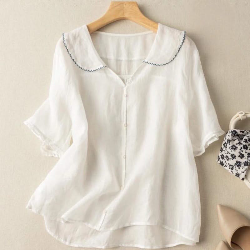 Blusa Donna Lino con Colletto Smerlato - Vestibilità Rilassata