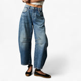 Dames wijde pijpen jeans van blauw denim met hoge taille