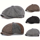 Retro pet met acht panelen van visgraat tweed stof, casual gestreepte linnen pet voor mannen