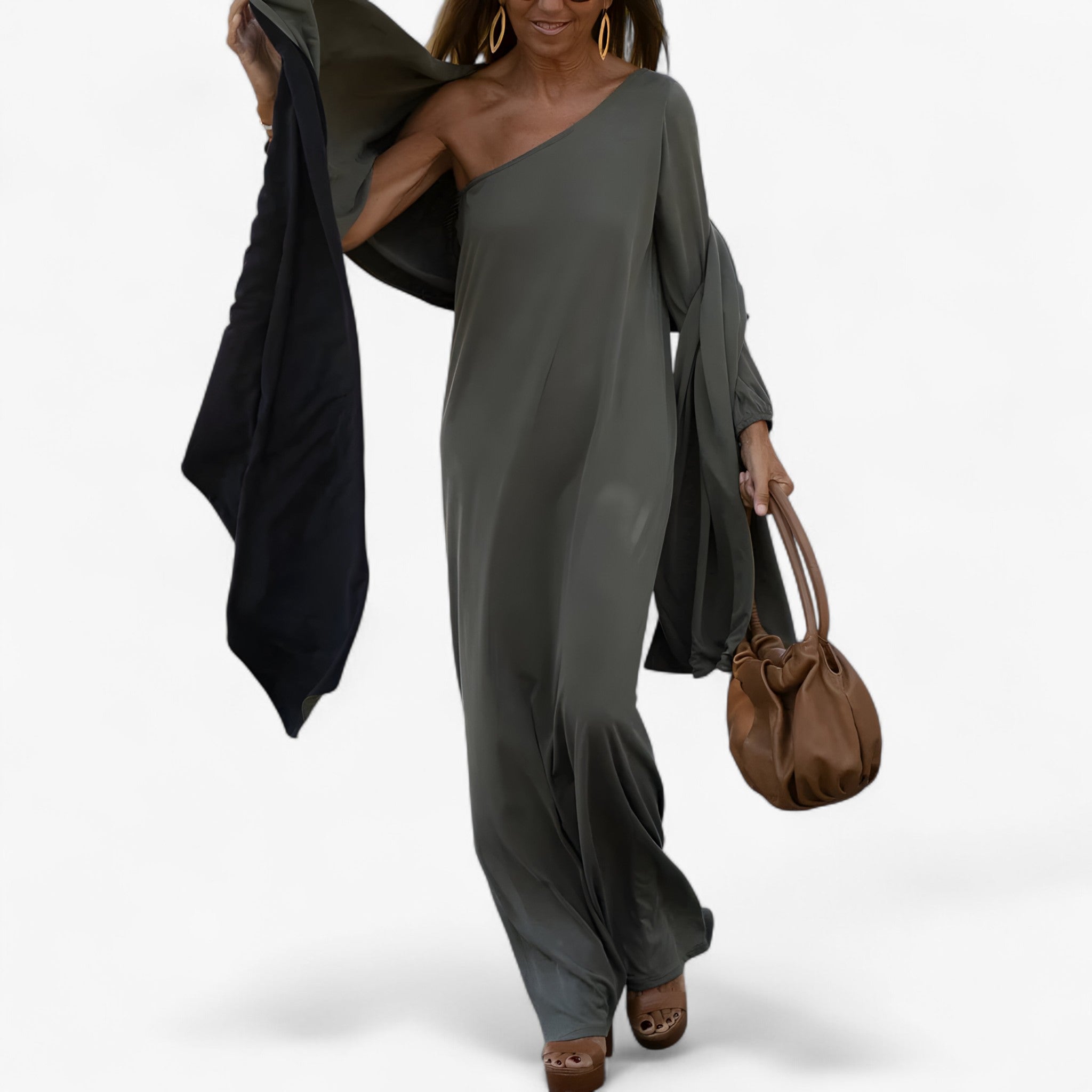 Abito Monospalla Donna Elegante Nero in Raso Taglie Forti - Grigio - abito abito spalla donna dresses spalla unica - Concept Palermo