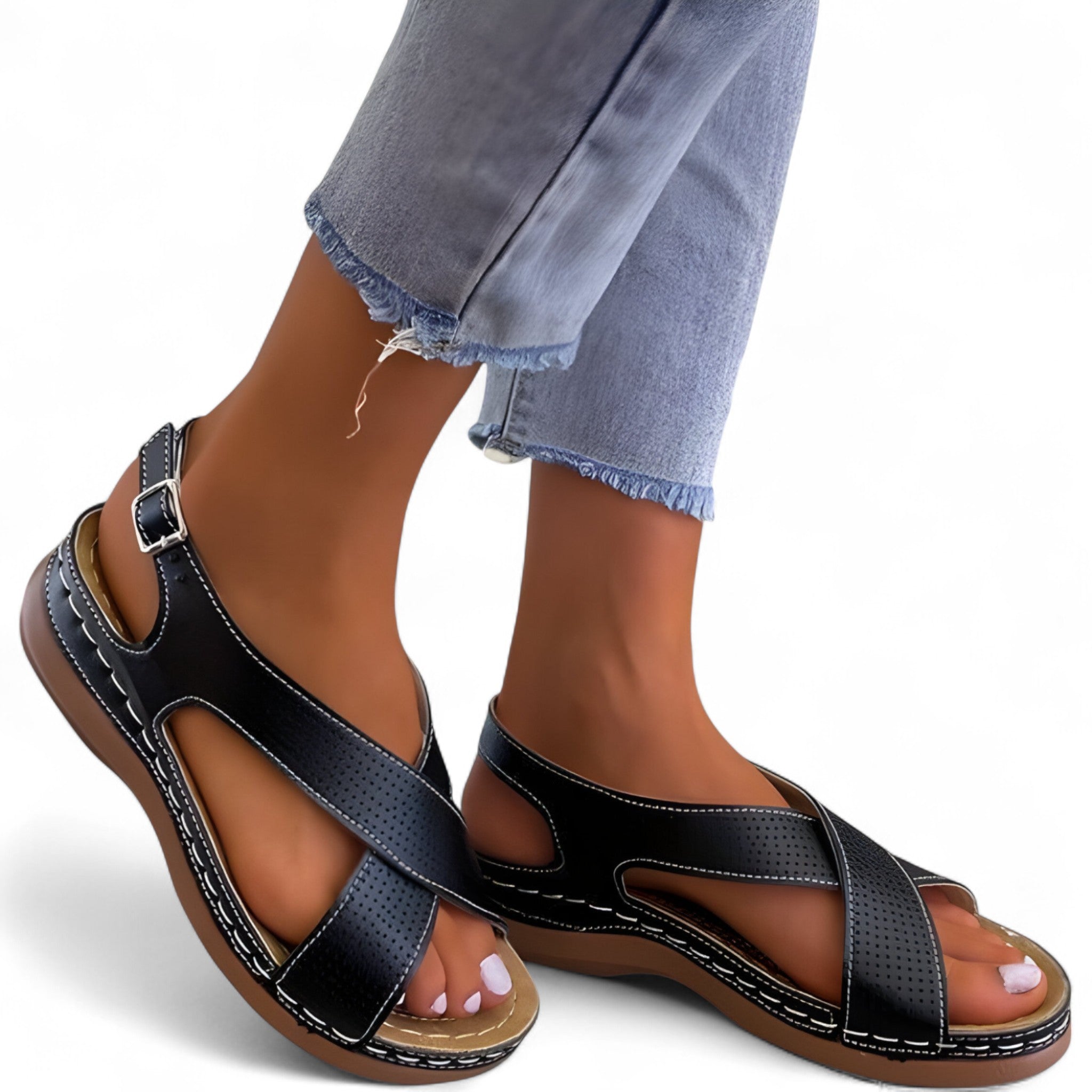 Sandali Donna Vintage Comodi in Pelle Marrone con Tacco Basso