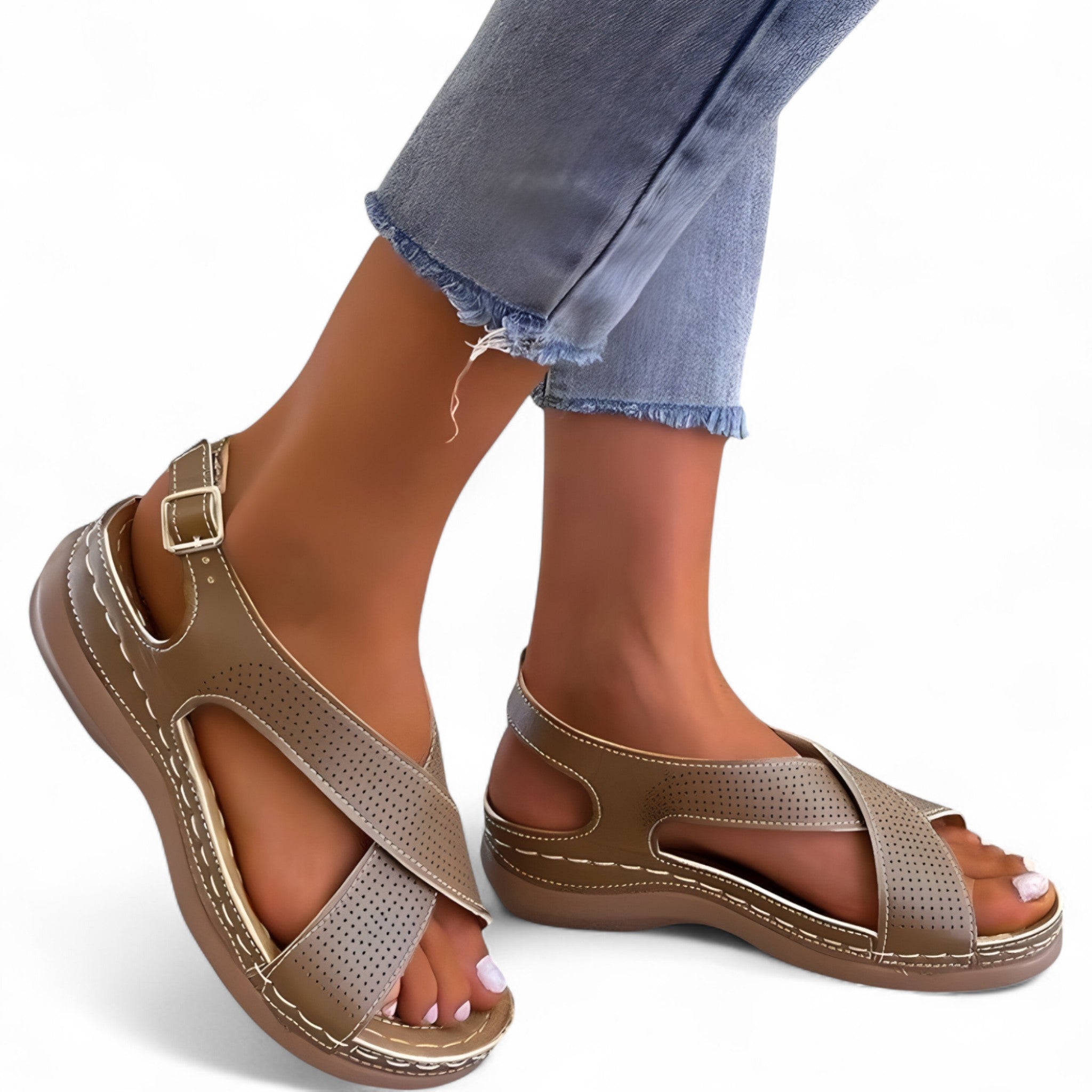 Sandali Donna Vintage Comodi in Pelle Marrone con Tacco Basso