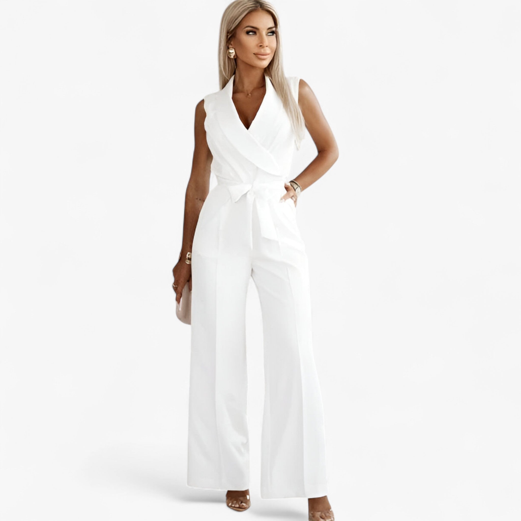 Tuta Elegante Nera Donna Sciancrata con Pantaloni Larghi, Senza Maniche e Cintura - Bianco - cintura larghi maniche one-pieces pantaloni robes tuta tuta maniche women clothes women set clothes - Concept Palermo