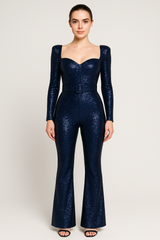 Lichtgevende damesjumpsuit met glinsterende pailletten en elegante lange mouwen