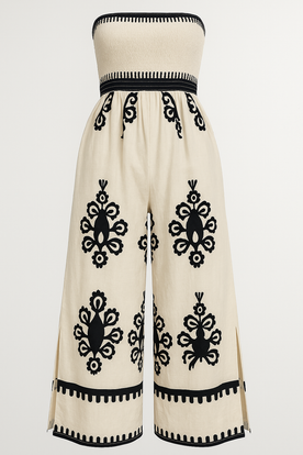 Tuta Estiva Ricamata con Fascia Elasticizzata e Spacco Laterale - Albicocca - elasticizzata estiva fascia jumpsuit jumpsuit estivo laterale Linen one-pieces ricamata Solid spacco Spring Summer Summer/Jumpsuit tuta Unisex - Concept Palermo